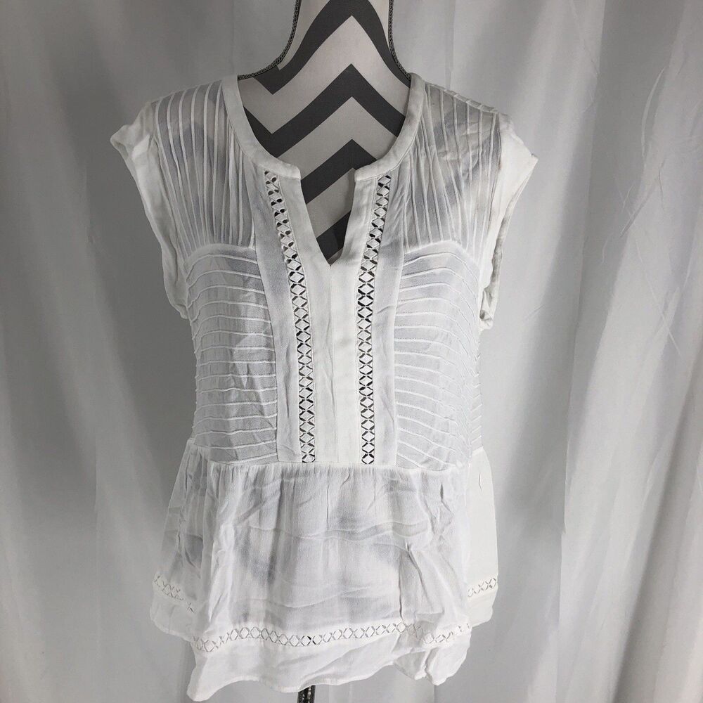 Pale Sky Women's White Boho Short Sleeve Blouse with Embroidered Details XL